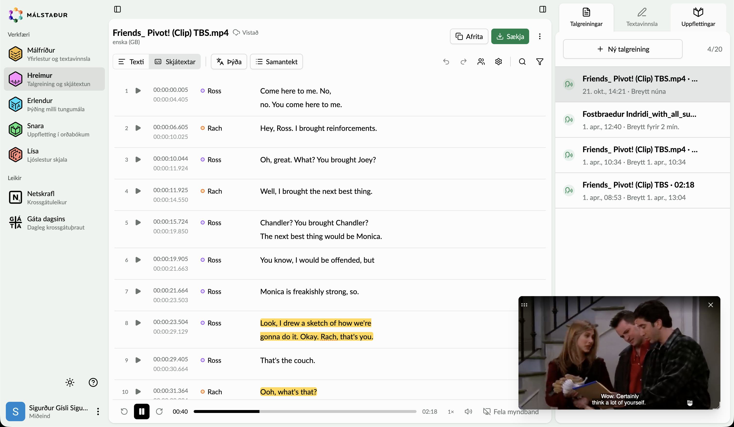 The redesigned Hreimur subtitle editor with timed segments, speakers, a floating video player and a list of saved transcripts
