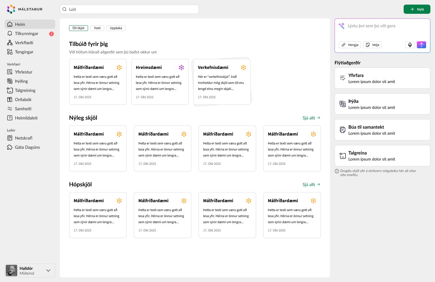 The &ldquo;what if&rdquo; dashboard with a prompt box, quick actions, and recent, shared and project documents