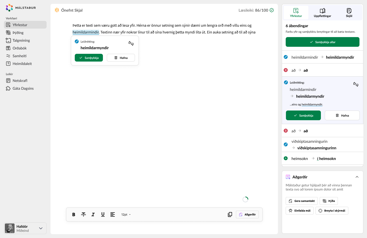 The &ldquo;what if&rdquo; Málfríður editor with proofreading suggestions and actions like summarize and translate